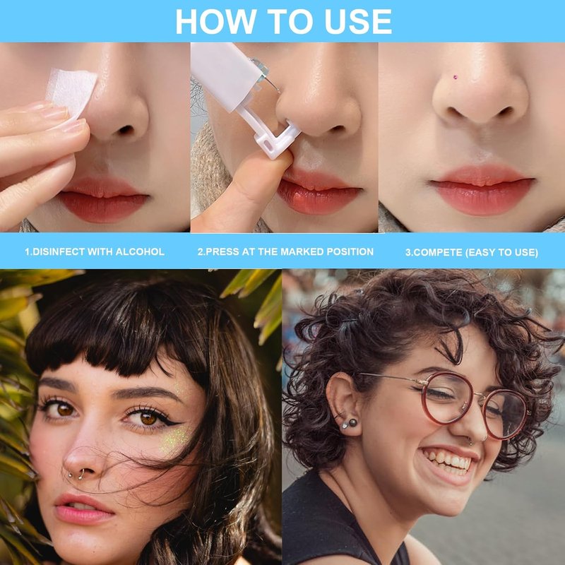 Nose Piercing Gun Kit - 72 Pcs Disposable Set with Self-Piercing Gun, Nose Studs & Cleaning Tools | Ideal for Cartilage, Tragus & Helix Piercings