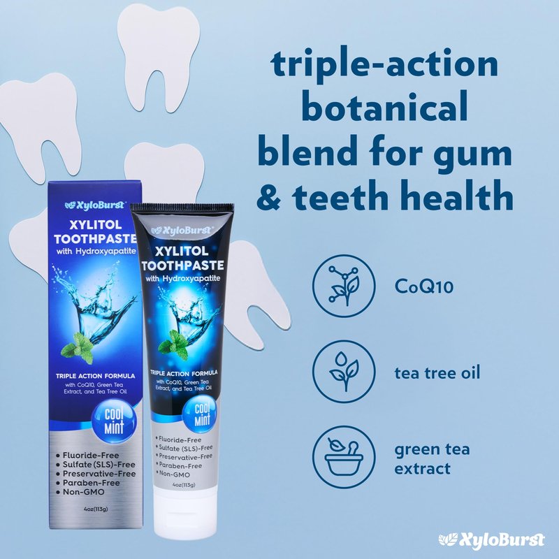 XyloBurst Hydroxyapatite Toothpaste with Xylitol - Fluoride-Free Hydroxyapatite Toothpaste, SLS-Free, Paraben Free, Cruelty Free, Made in the USA, Cool Mint, 4 oz Tube (3 Tubes)