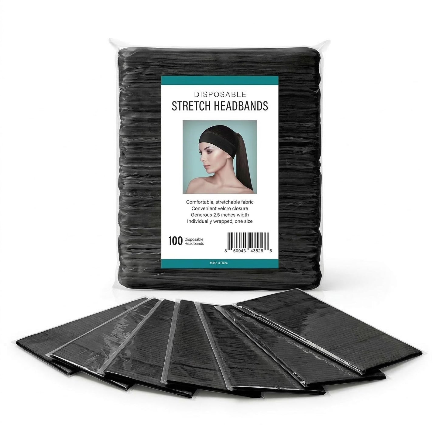 APPEARUS 100 Ct. Disposable Spa Facial Headbands with Convenient Closure (Black)