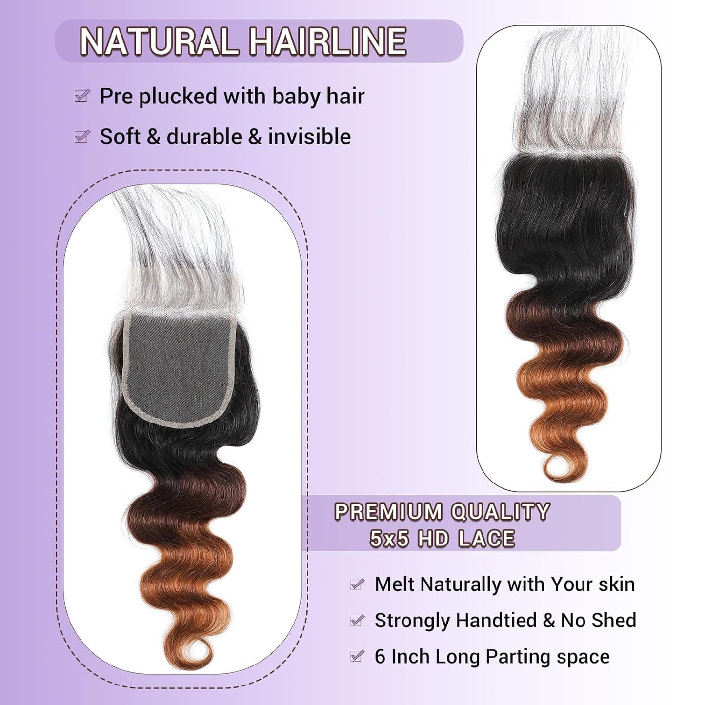 Ombre Body Wave Lace Closure - 100% Real Human Hair, Chestnut Brown | 14 Inch, 150% Density