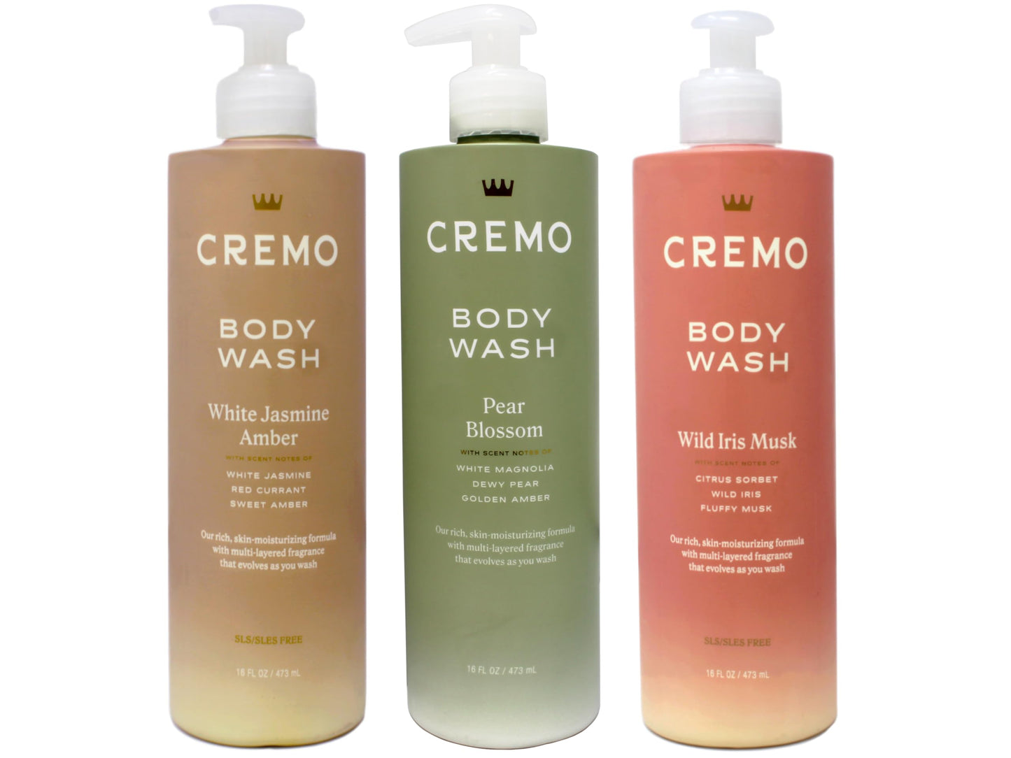 Cremo Womens Body Wash Set, White Jasmine Amber, Pear Blossom, Wild Iris Musk, 16 fl oz Each