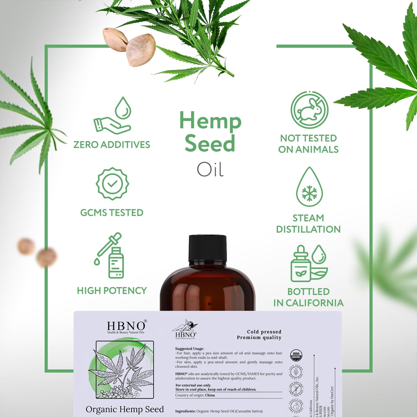 HBNO Organic Hemp Seed Oil -16 OZ (475ml) Value Size - Natural Hemp Oil, Cold Pressed - Perfect Carrier for Massage, Aromatherapy, Diy, Soap Making, Face, Body, Lips, Hair, Nails
