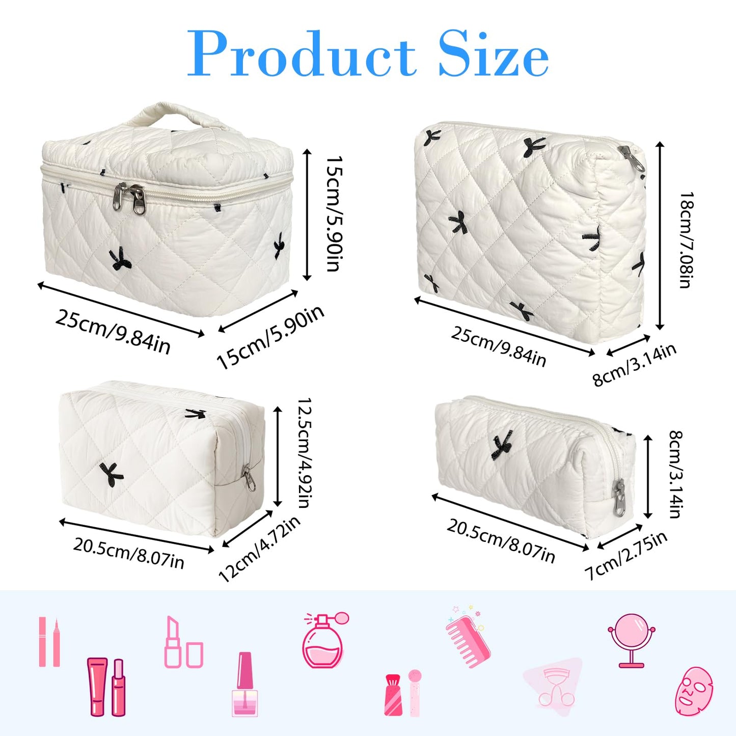 Cozomga Cute Cotton Quilted Makeup Bag Set, Large Travel Cosmetic Bag for Women, Big Make Up Bag with Toiletry Organizer, Aesthetic Storage for Daily Use & Travel