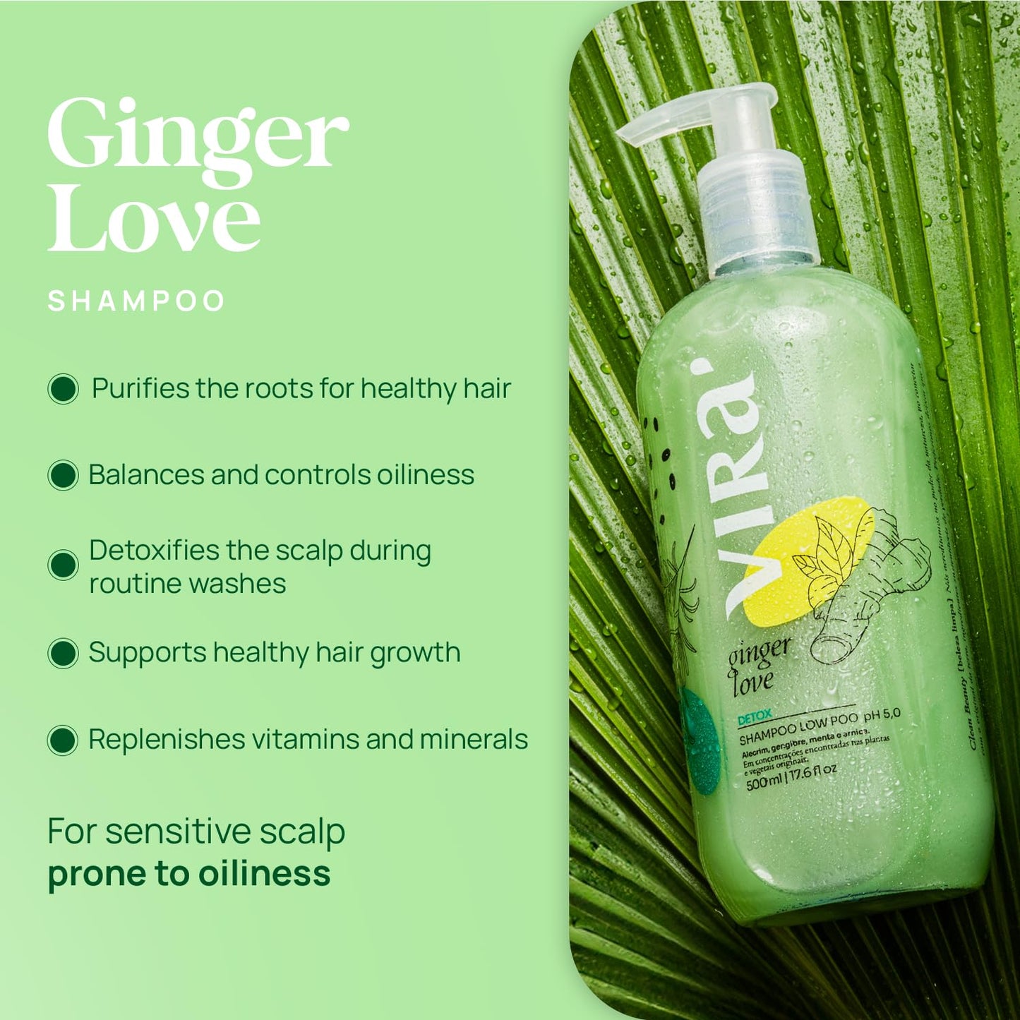 VIRÁ Brazilian Shampoo and Conditioner Set, Paraben-Free, Deep Moisturizing Treatment, Hair Recovery, Refreshing Action, Ginger Love Detox & Clean Beauty, 17.6 Fl Oz Each