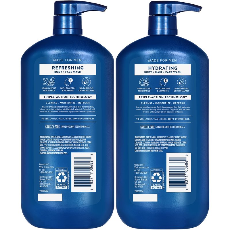 Suave Men Shower Essentials Variety 3-Pack – Energizing Sport, Hydrating 3-in-1 Hair + Body + Face Wash and Refreshing Cleanser, 30 Oz Each