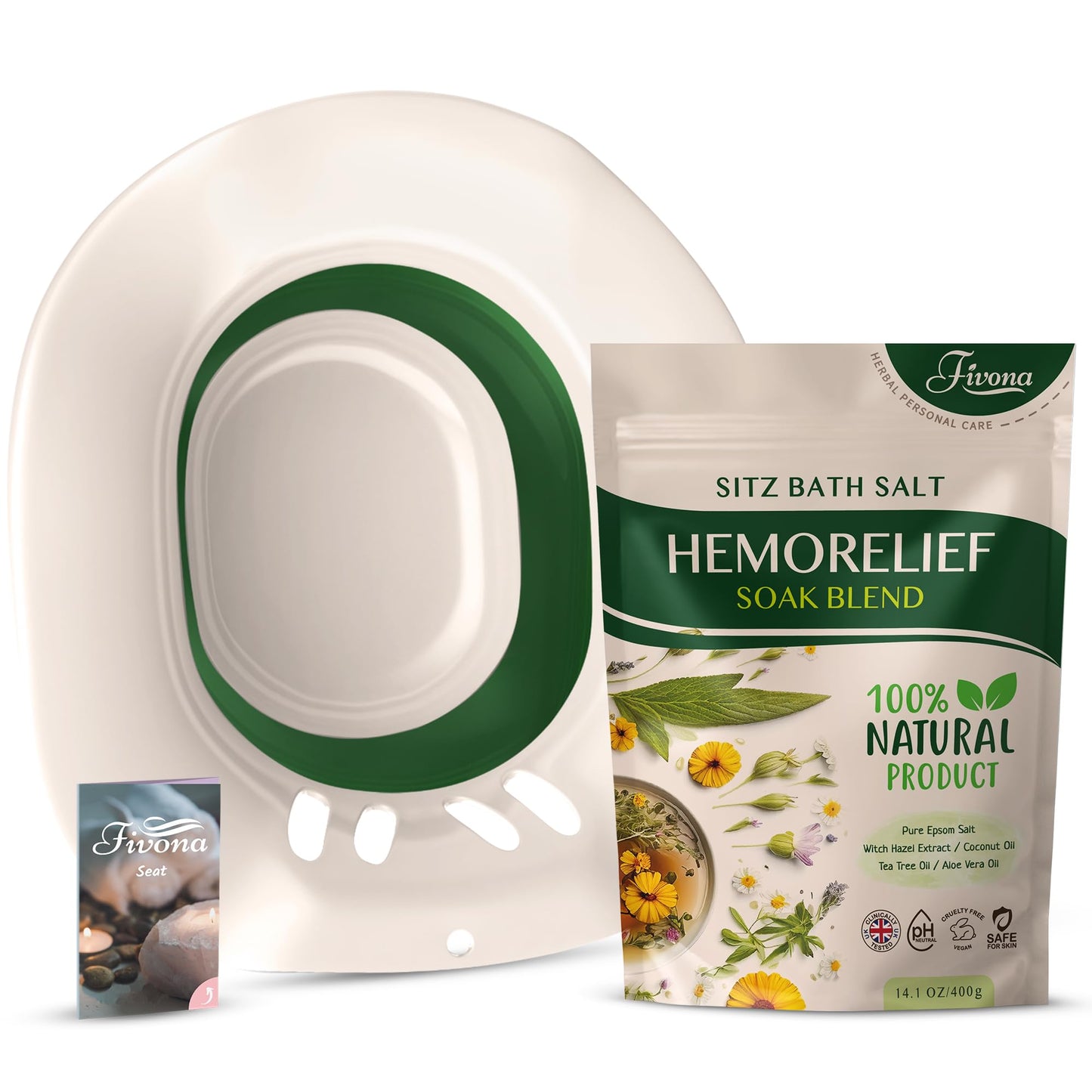 Fivona 2-in-1 Sitz Bath Soak Kit Over The Toilet Seat with Epsom Salt Blend with Essential Oils for Hemorrhoids and Postpartum Care Ideal for Perineal Soaking and Fast Irritation Relief