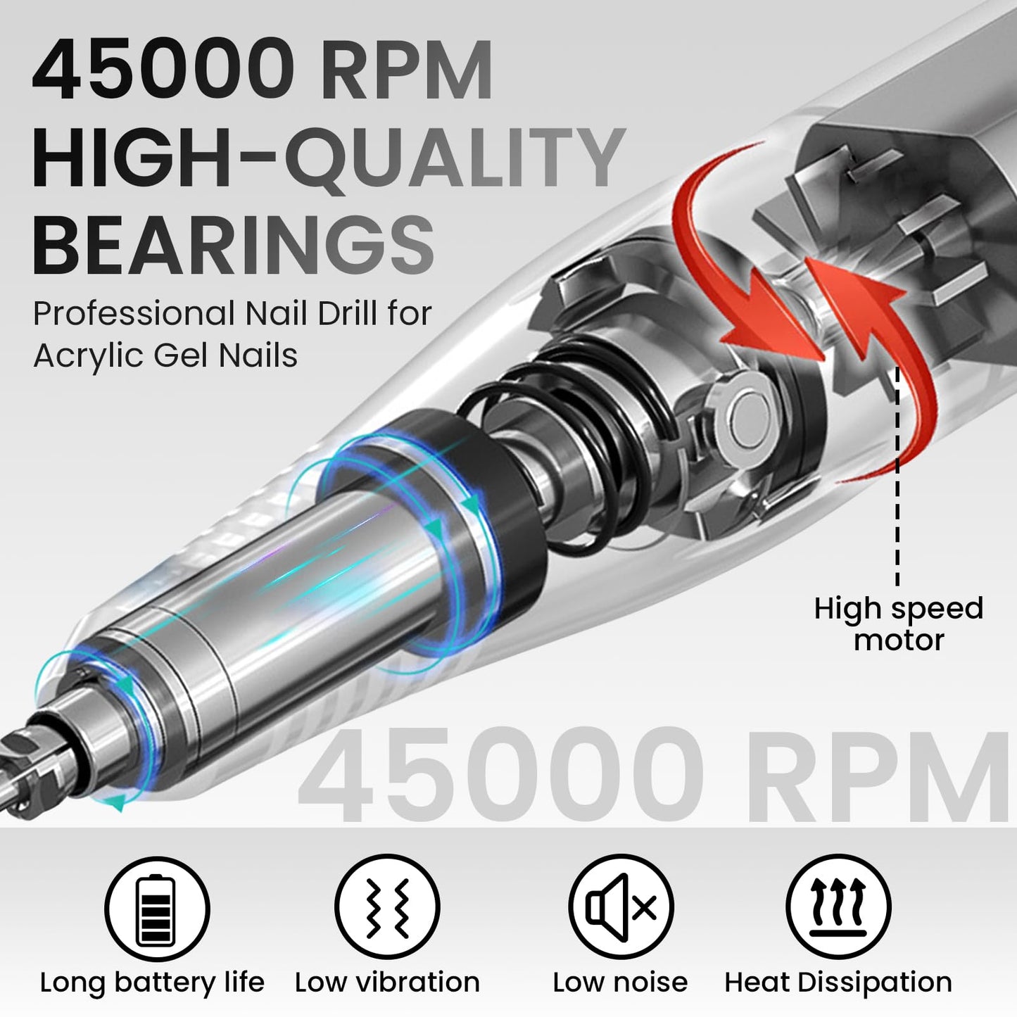 ESUOHYM 45000RPM Professional Cordless Portable Nail Drill Cordless Low Noise Nail Filer Electric Machine with Efile Bits & Base for Acrylic Nails, Nail Buffer Machine for Salon Home (Grey)