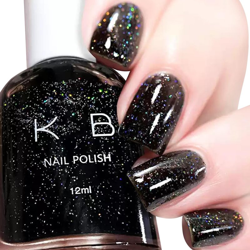 COSMOO Black Glitter Quick Dry Nail Polish 12ml, Shimmer Chip Resistant DIY Nails Art for Ladies, Vegan, Fast Drying, Streak, Long Lasting