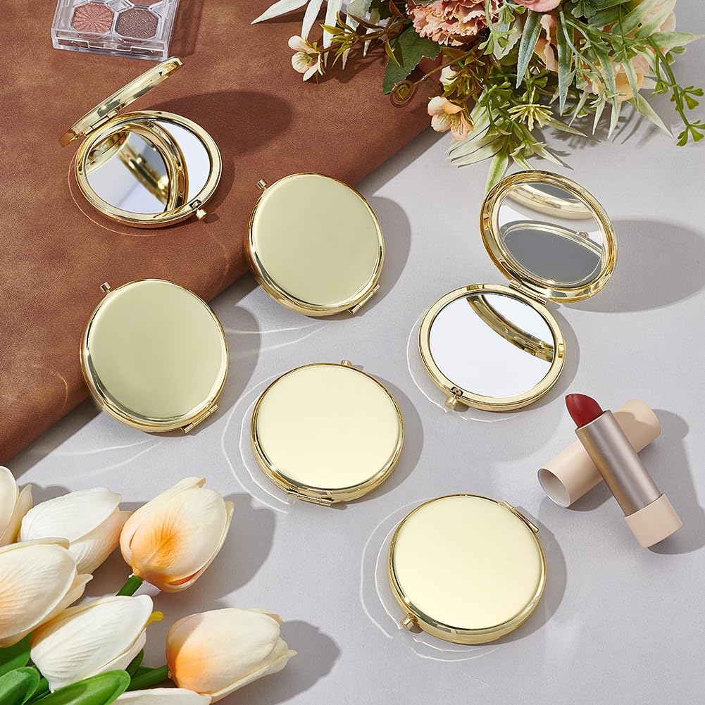 10 Pcs Small Folding Makeup Pocket Mirror - Golden Double-Sided 1X/2X Magnifying Round Mirrors for Travel & Work