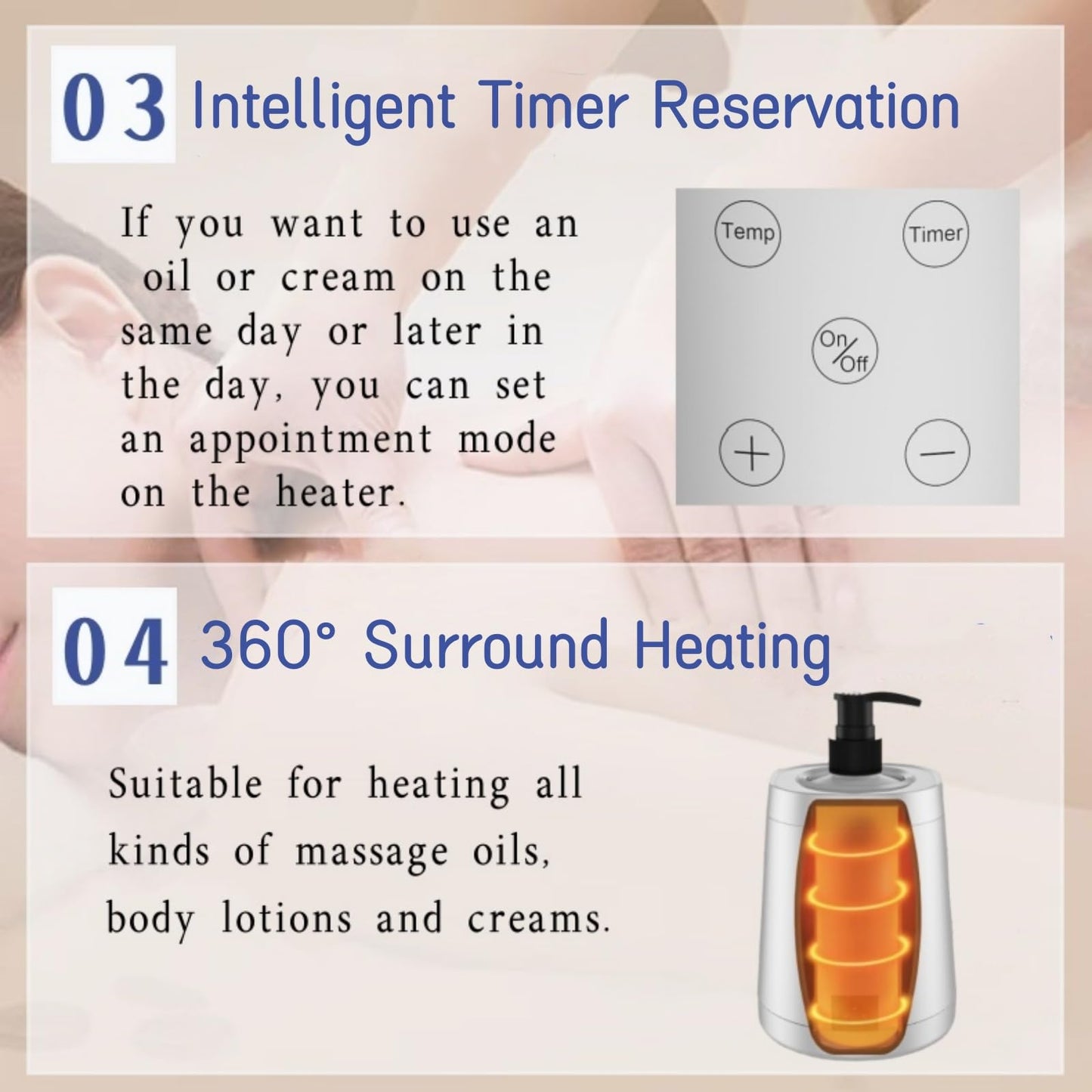 JOJOCOSMO Oil Warmer for Massage, Essential Oil Warmer Heater, with Two Lotion Bottle Dispensers,Temperature Adjustable from 86℉ to 149℉ (Liquid-Silver)