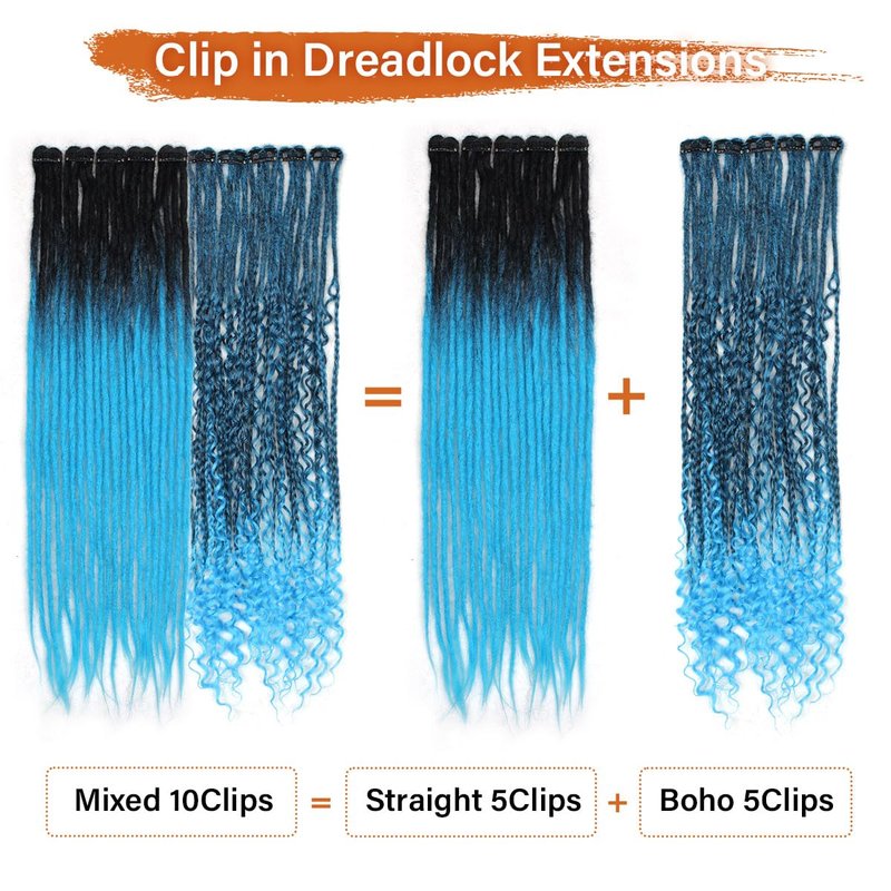 Clip-In Dreadlock Extensions - 24 Inch Synthetic Dreads for Women | 10 PCS Mixed Colors, Thin Straight 1B-Blue