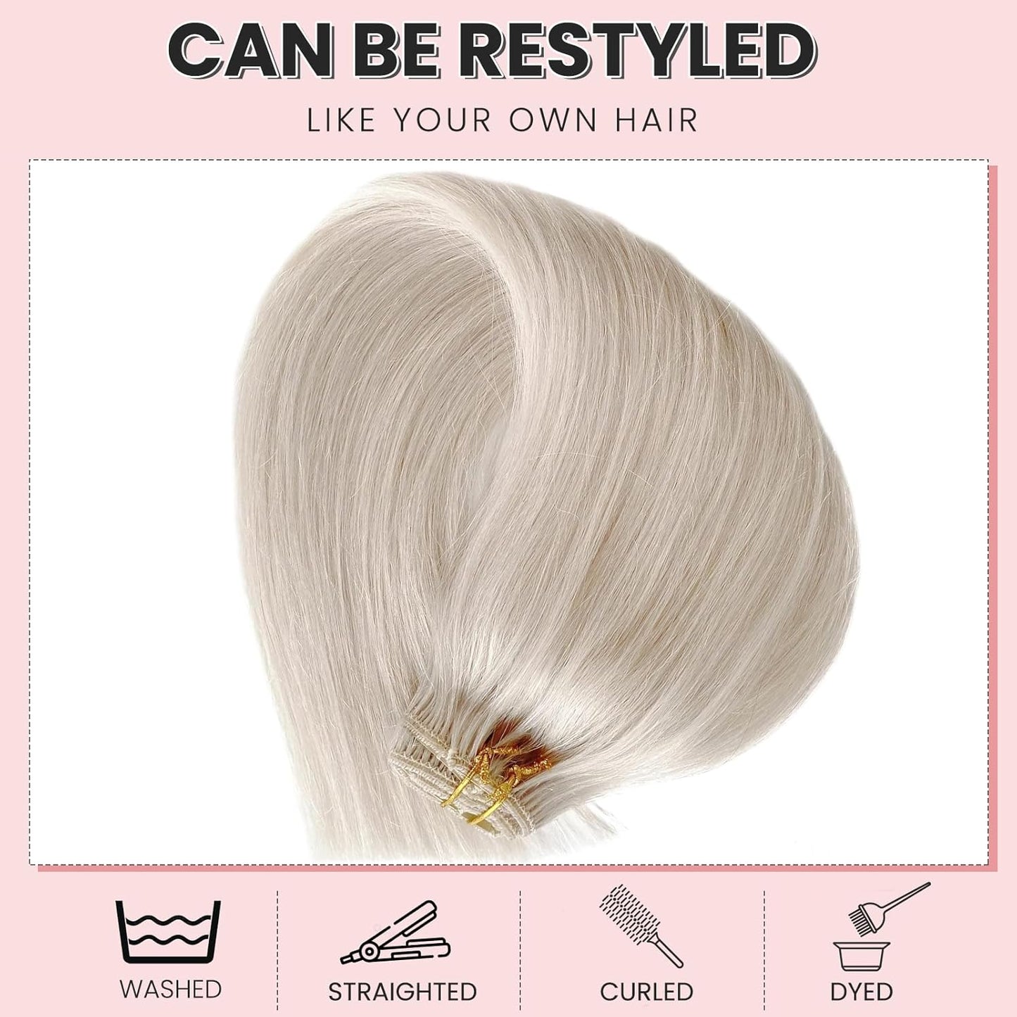 Real Human Hair Clip-In Extensions - Ice White Remy, 18 Inch, 7 Pieces, 70G