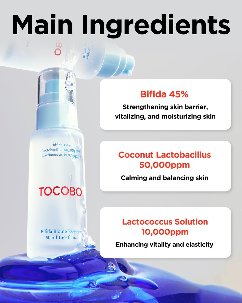 TOCOBO Bifida Biome Essence – Vegan Korean Face Serum with Bifida 45% and Probiotic Complex for Strengthening Skin Barrier, Hydration, Soothing, and Firming – Lightweight Gel Formula, 1.69 fl.oz.