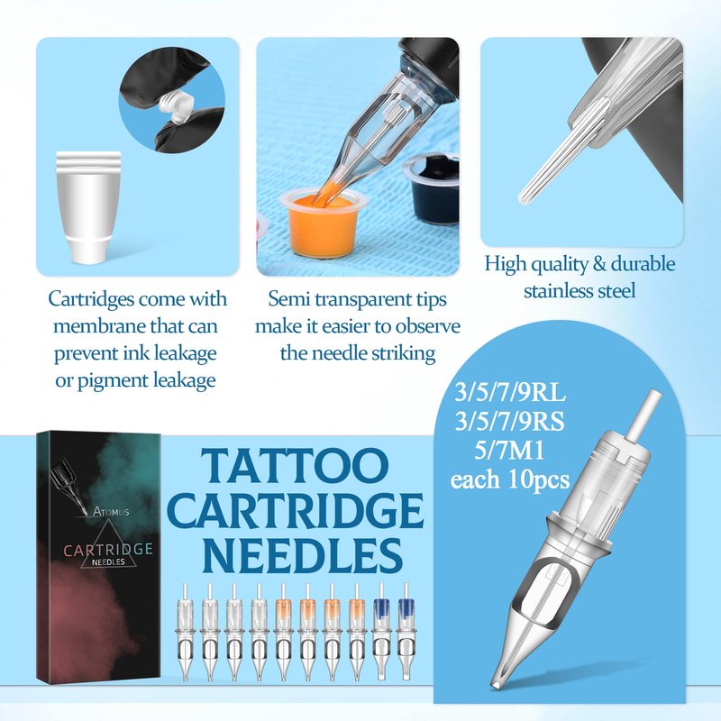 100pcs Mixed Tattoo Cartridge Needles, ATOMUS Assorted Disposable Tattoo Needle 3RL 5RL 7RL 9RL 3RS 5RS 7RS 9RS 5M1 7M1 for Tattoo Machine
