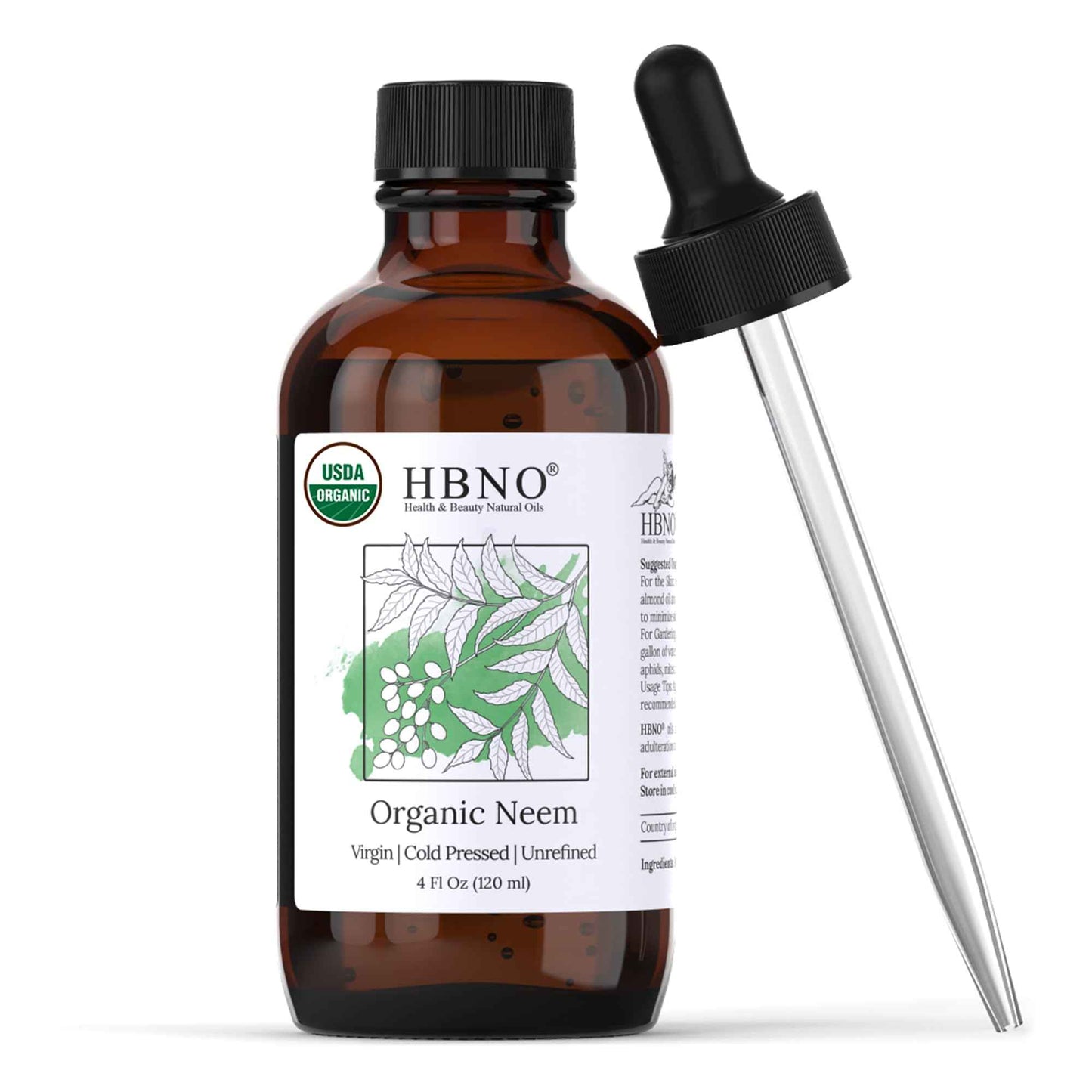 HBNO Organic Neem Oil - 4 oz (120ml) Value Size - Ideal for Face wash, Lotions, Skincare, and Hair Care Products (Glass Bottle)