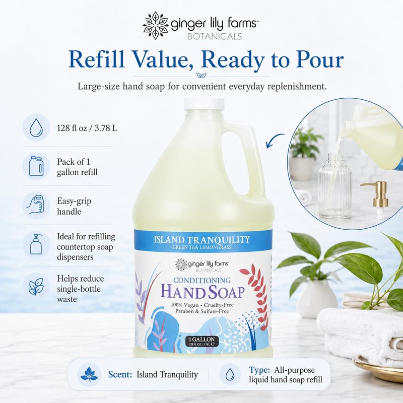 Ginger Lily Farms Botanicals All-Purpose Liquid Hand Soap Refill, Island Tranquility, 100% Vegan & Cruelty-Free, Green Tea Lemongrass Scent, 1 Gallon (128 fl oz)