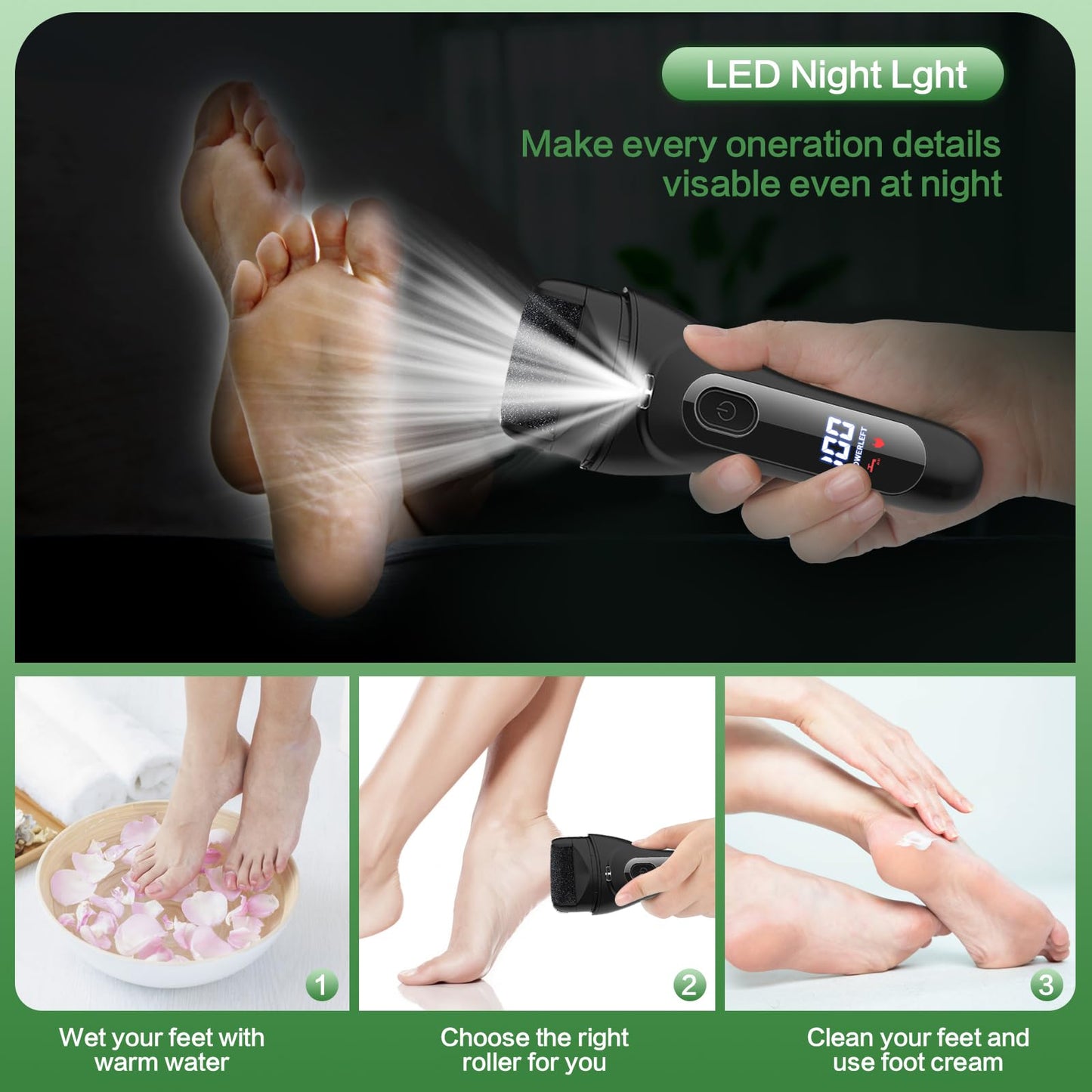 Sokadanch Electric Foot File Pedicure Feet Hard Skin Remover Foot Scraper Dry Dead Skin Remover Callus Exfoliator Rechargeable Feet Scrubber with 3 Replacement Rollers Foot Care Skin Removers, Black