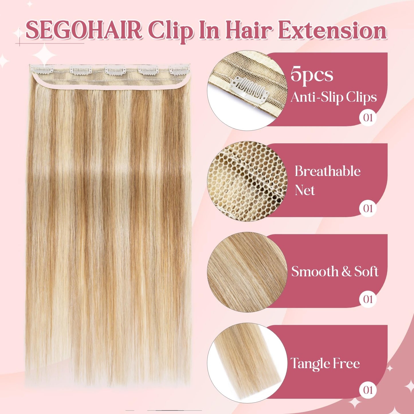SEGOHAIR Clip In Hair Extensions for women One Piece 5 Clips Real Human Remy Hair Extension Long Straight Hairpieces for women 16 Inches #02 Dark Brown