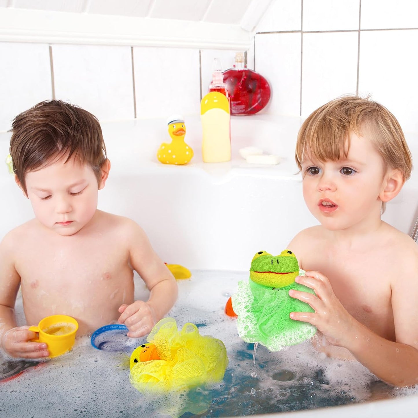 Kids Bath Loofahs - 15 Pack Cute Cartoon Animal Exfoliating Sponges | Small Travel Shower Poufs