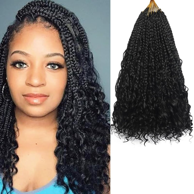 Goddess Box Braids Crochet Hair - 9 Packs, 14 Inch Pre-Looped with Curly Ends | Bohemian Style 1B