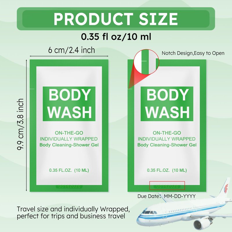 FAOEHN Travel Size Body Wash Packet Bulk Pack of 200,Individually Wrapped 0.35 fl oz(10 ml) Disposable Small Mini Bath Shower Gel Toiletries Supplies for Hotel,Guests,Homeless,Charity,Gym