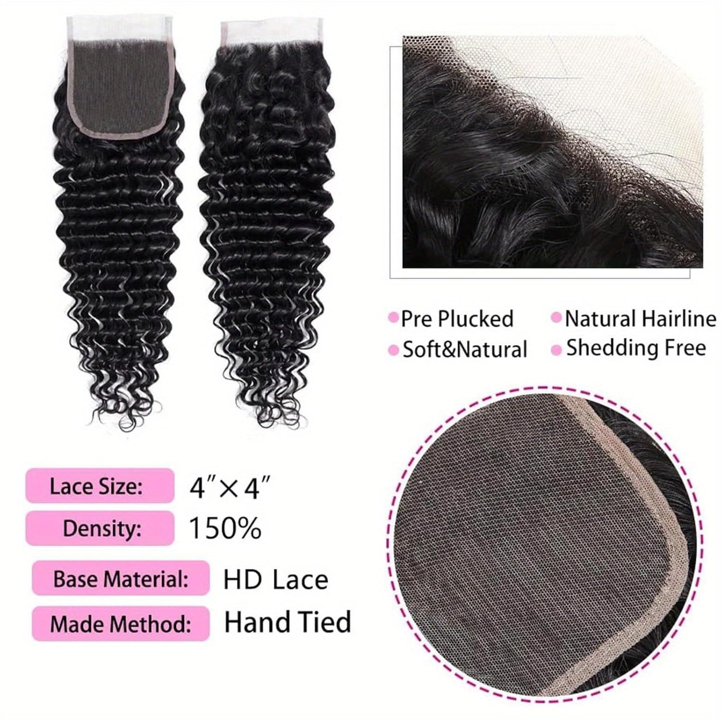 4x4 Hd Lace Closure Human Hair 20 Inch Free Part Deep Wave Closure Virgin Remy Curly Human Hair for Women Transparent Lace Closures Pre Plucked Natural Black