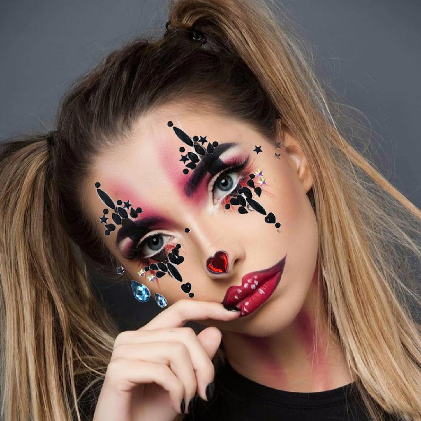 Halloween Clown Face Gems Jewels, Day of the Dead Rhinestone Face Jewels Temporary Skull Tattoos for Women Halloween Makeup Costume