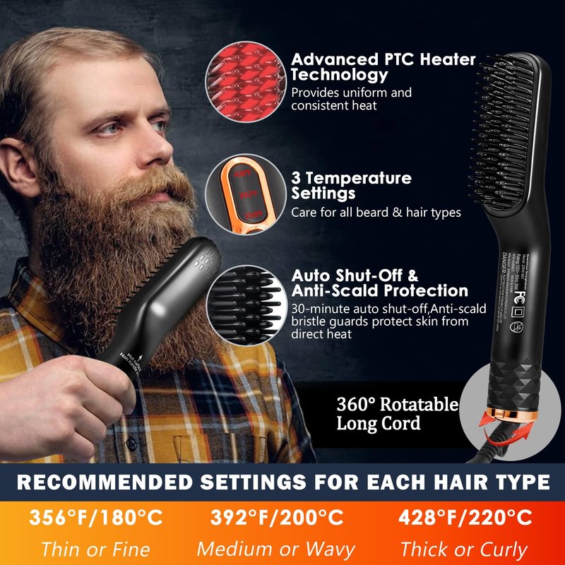 Beard Straightener Grooming Kit for Men | 2-Pack Growth Oil, Natural Balm, Comb & Scissors - Travel-Friendly, Auto Shut-Off