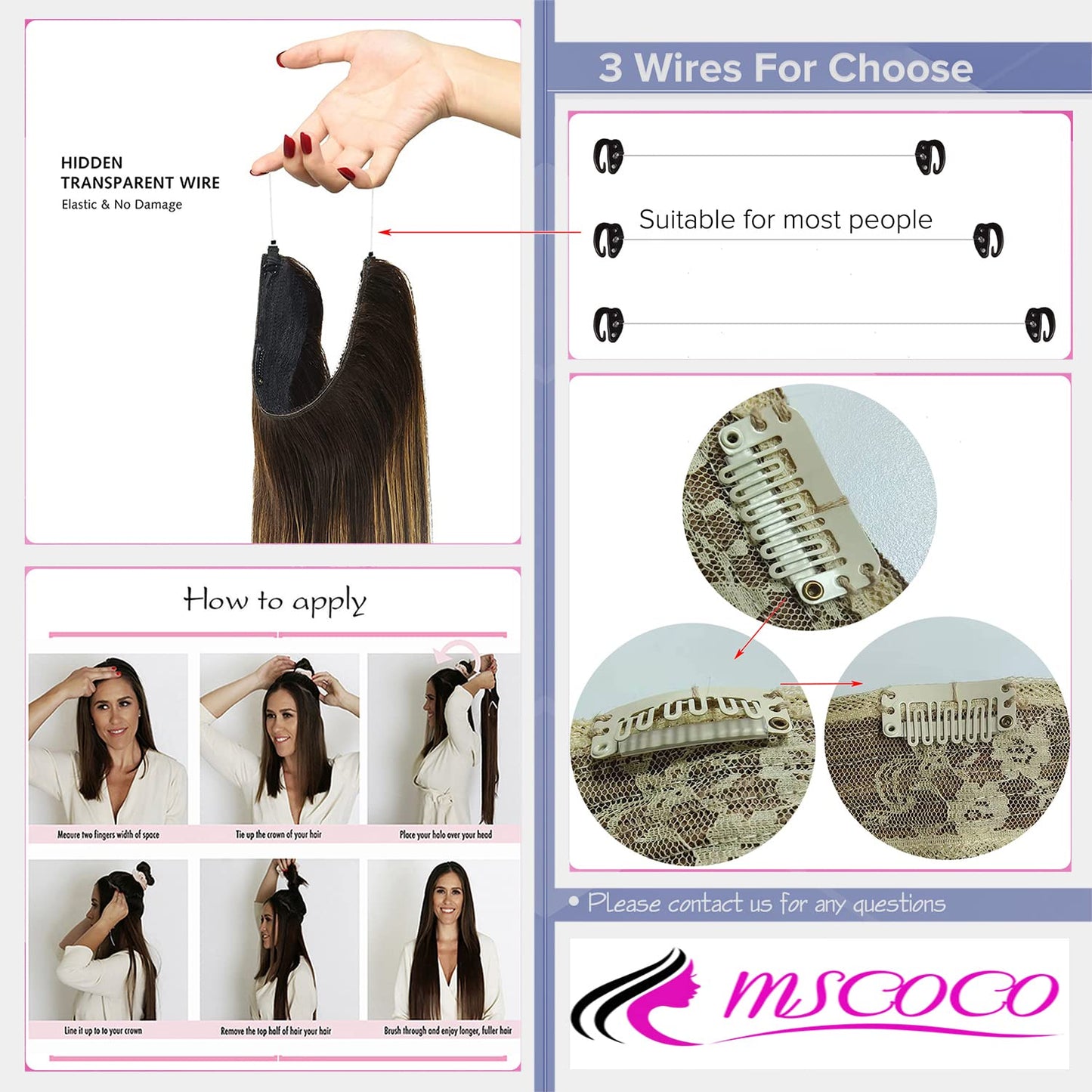 Real Human Hair Extensions - 12 Inch Chocolate Brown Straight Hair with Hidden Wire and Transparent Fish Line