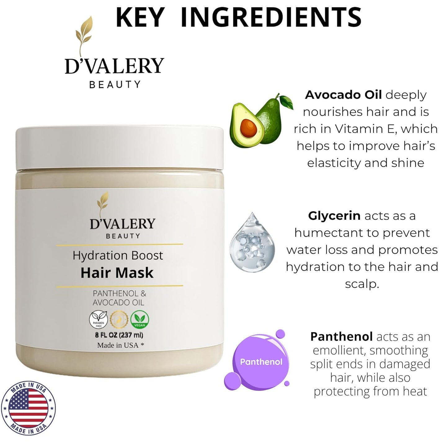 Hydrating Hair Mask - Avocado Oil & Panthenol Deep Conditioning Treatment for Dry, Damaged Hair | 8 oz