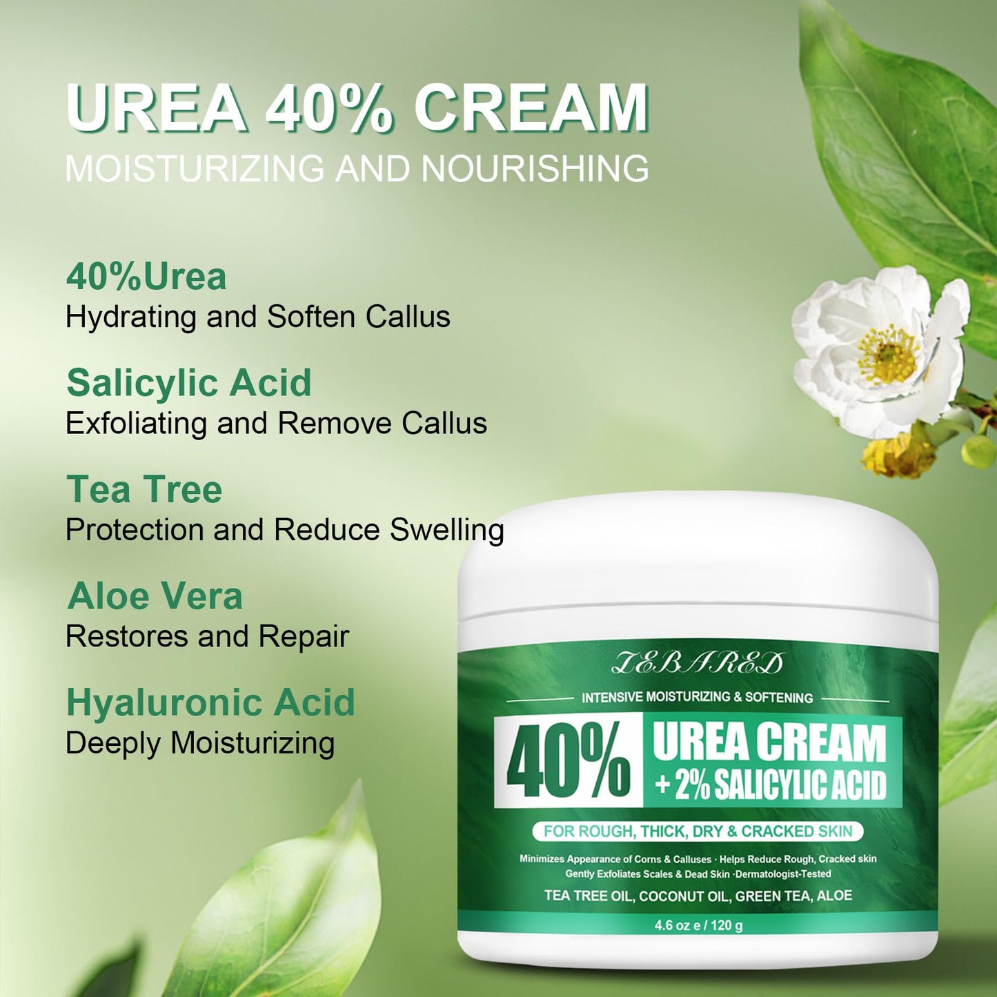 LEBARED Urea Cream 40 Percent For Feet Maximum Strength, Plus 2% Salicylic Acid with Hyaluronic Acid, Urea Foot & Hand Cream for Dry Cracked, 4.6 oz