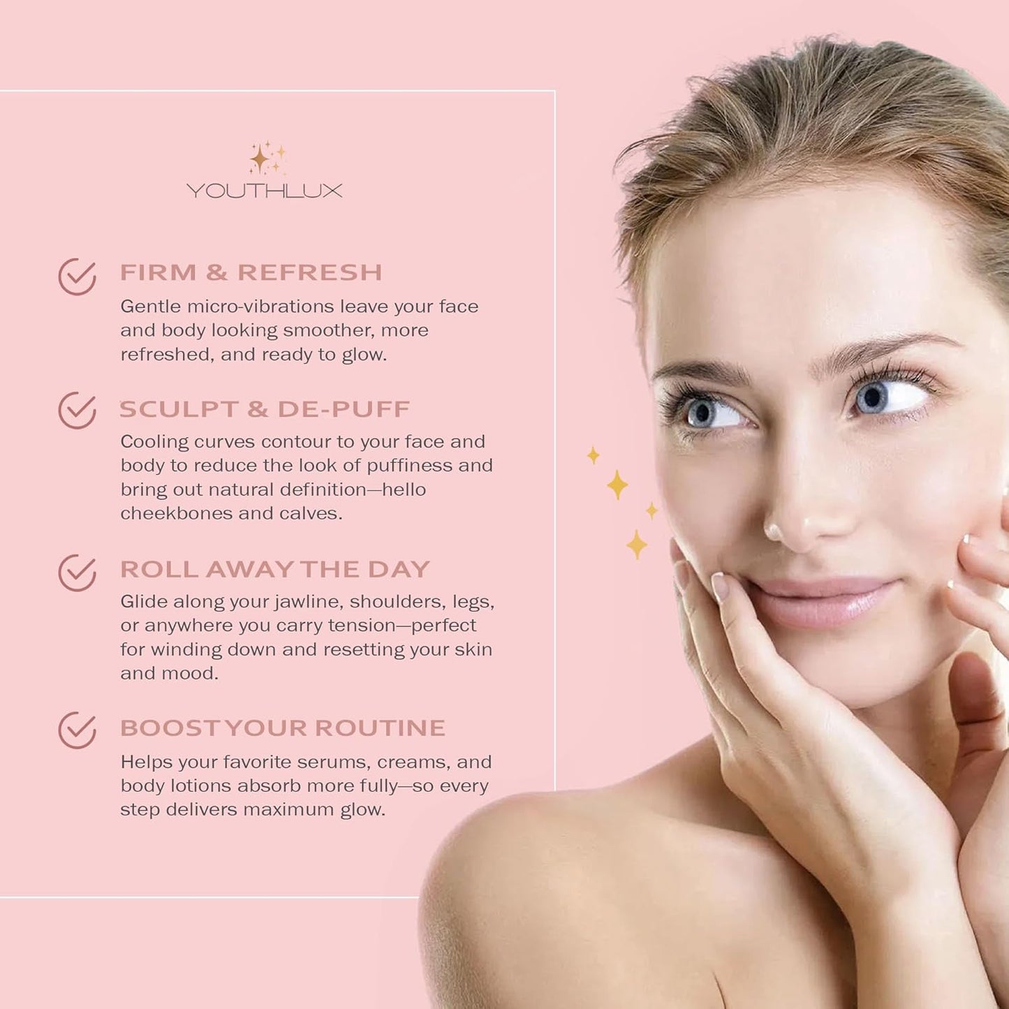 Germanium Stone Face Roller - Uplifting Beauty Tool for Skin Tightening, Firming & De-Puffing | Rose Gold