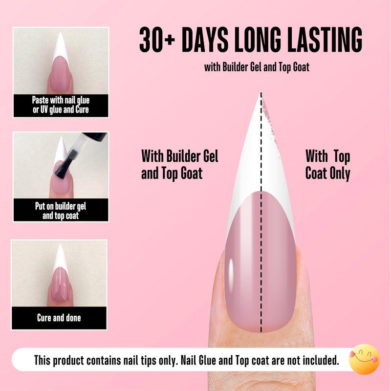 NOVO OVO White French Tip Long XL Sharp Stiletto Nail Tips Press on BERRY PINK, Soft Gel Double Matte Fake Nail Extension, Full Cover False Nails for Acrylic DIY x 16 Sizes 160 pcs