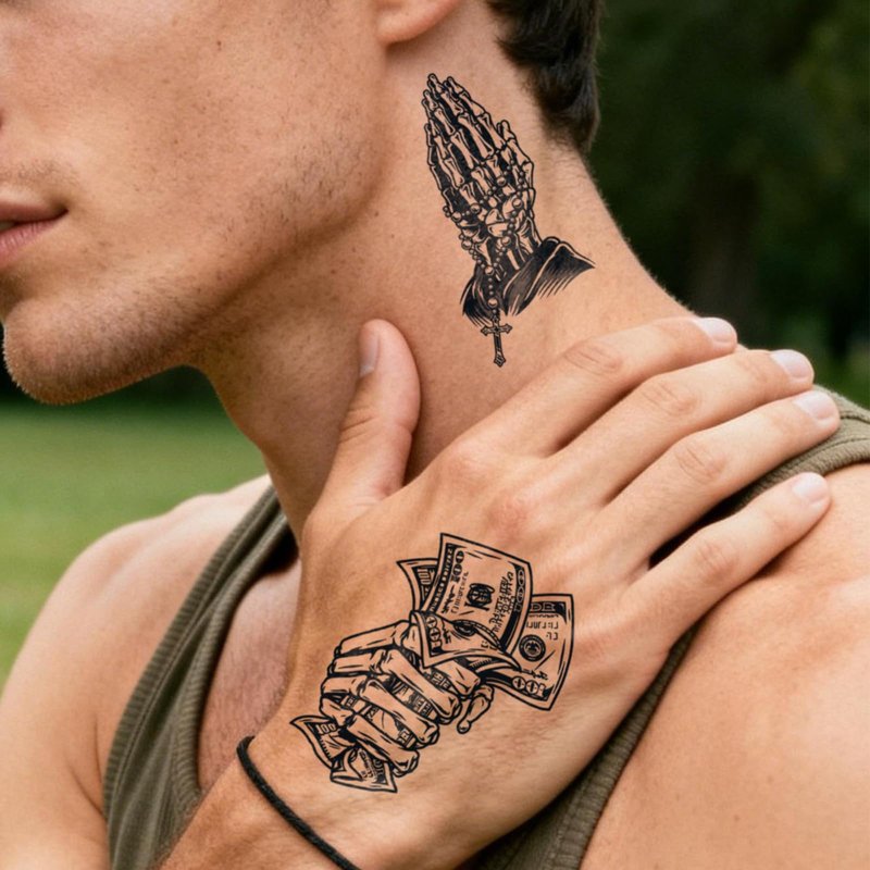 UBICA Semi Permanent Tattoos, 2 Sheets Realistic Temporary Tattoos for Men, Fake Tattoos for Arm Hand, Waterproof, No Reflective, Lasts 2 Weeks (Chicano Motorcycle & Skull Money Cross Hand Designs)