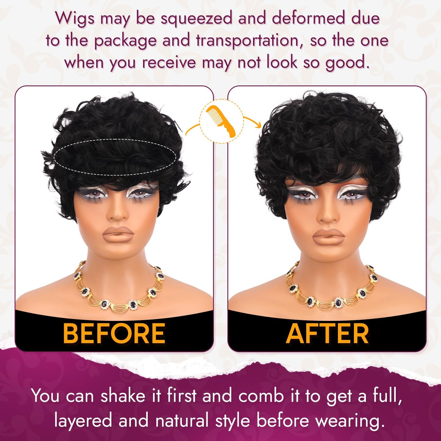 RUWISS Pixie Cut Wig Human Hair Curly Short Wigs for Black Women Glueless Pixie Human Hair Wig with Bangs for Daily Use Natural Short Bob Layered Wavy Human Hair Wigs for Black Women, Natural Black