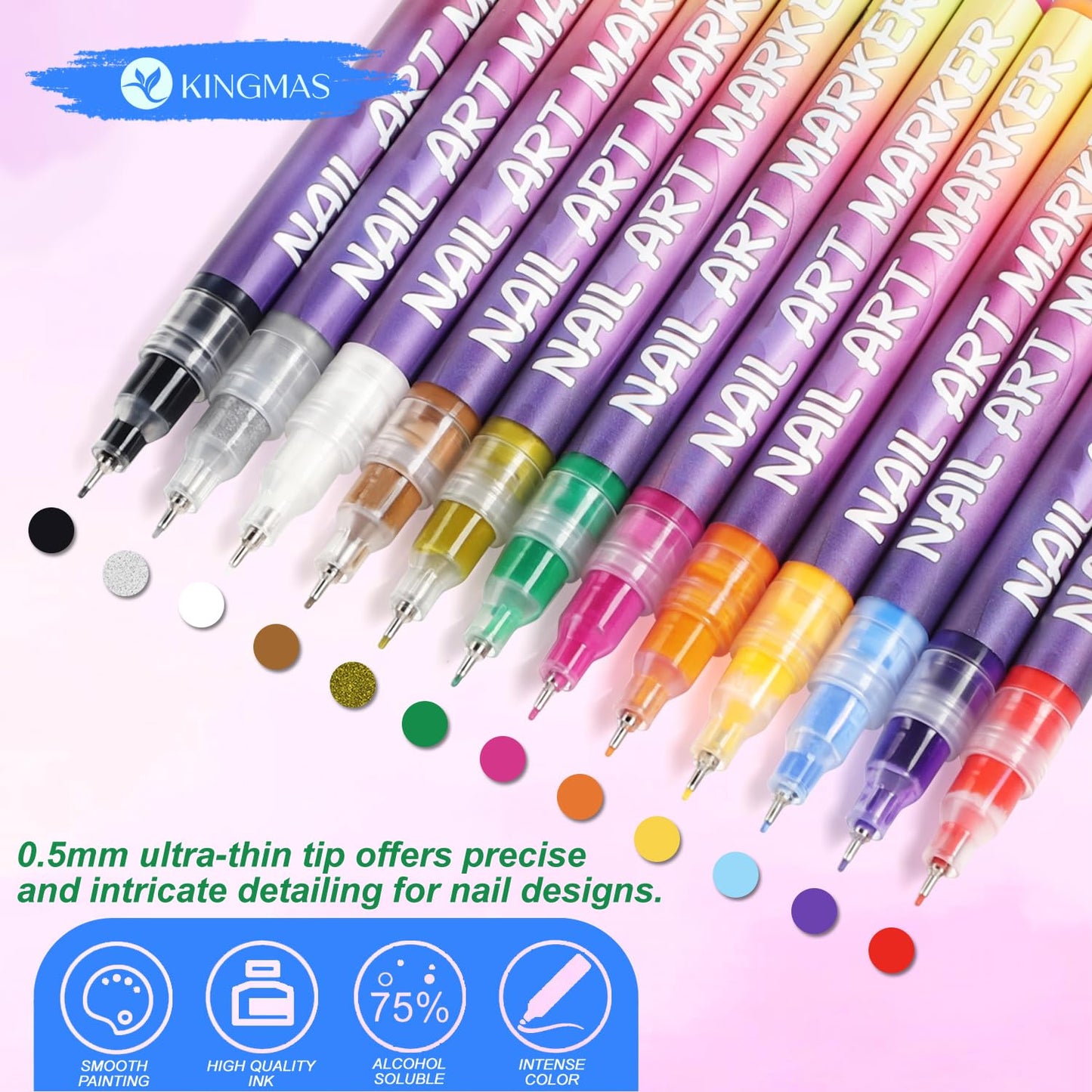 KINGMAS 12 Color Nail Art Pens, 0.5mm Nail Polish Marker Set, Drawing Painting Point Liner Acrylic Painted Pen Kit, Waterproof and Quick-drying for DIY Nails Art Design Manicure Tools