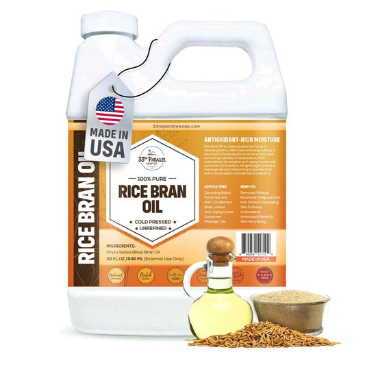 ORGANIC RICE BRAN OIL (32 oz) Premium Cold Pressed Unrefined | 100% Pure Rice Bran Oil for Skin, Face, Hair, Soap Making | Carrier for Essential Oils | Available in Bulk | 32 FL OZ