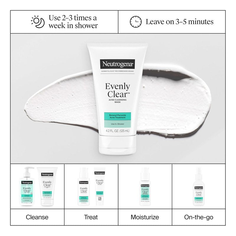 Neutrogena Evenly Clear Acne Cleansing Face Mask - 3.5% Benzoyl Peroxide & Bentonite Clay | 4.2 fl. oz for Clearer Skin