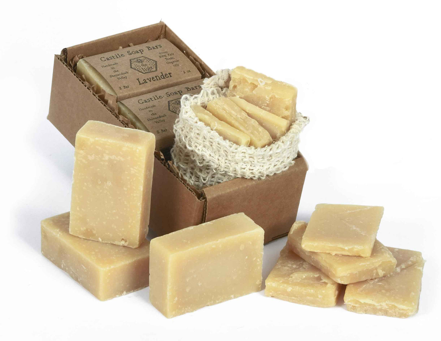 Pure Castile and Artisan Bar Soap Handmade with 100% Fair Trade Organic Oils, Cold Process Bars with Soap Saver Eco Scrub Bag by BeeTheLight (15 ounces w/Soap Saver Bag, Lavender Castile)