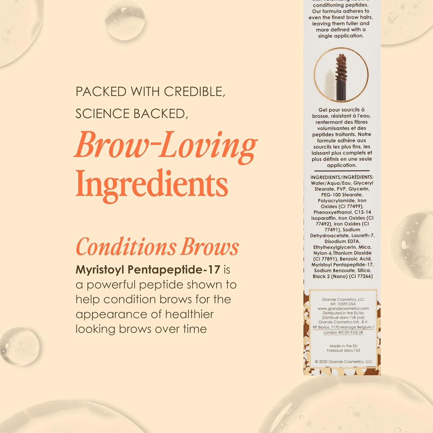 Grande Cosmetics Brow Gel - Volumizing Tinted or Clear Eyebrow Mascara for Soft Flexible Hold | Water Resistant