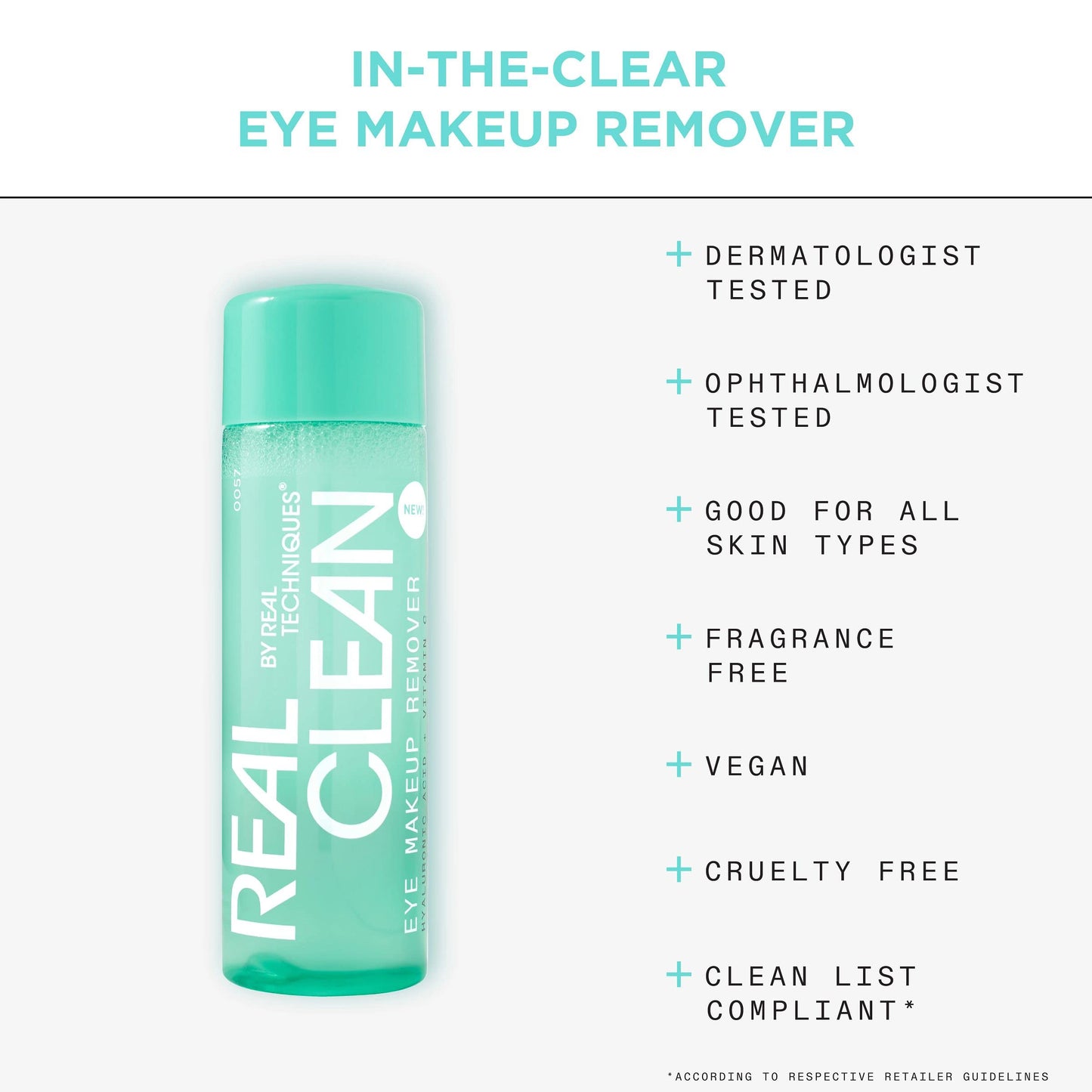 Real Techniques Real Clean In-The-Clear Eye Makeup Remover, Gentle Liquid Makeup Remover, Skin Repair Ingredients, Hyaluronic Acid & Vitamin C, Vegan & Cruelty-Free, 4 fl.oz./110 mL Bottle (Pack of 2)