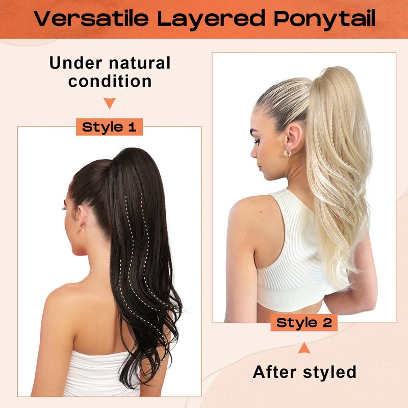 SEIKEA Versatile Drawstring Ponytail Extension, 26" Long Wavy Multi Layered Clip in Ponytail Hair Extensions Stand Up High Fake Pony Tail Soft Natural Synthetic Hairpiece Chocolate Brown Highlights