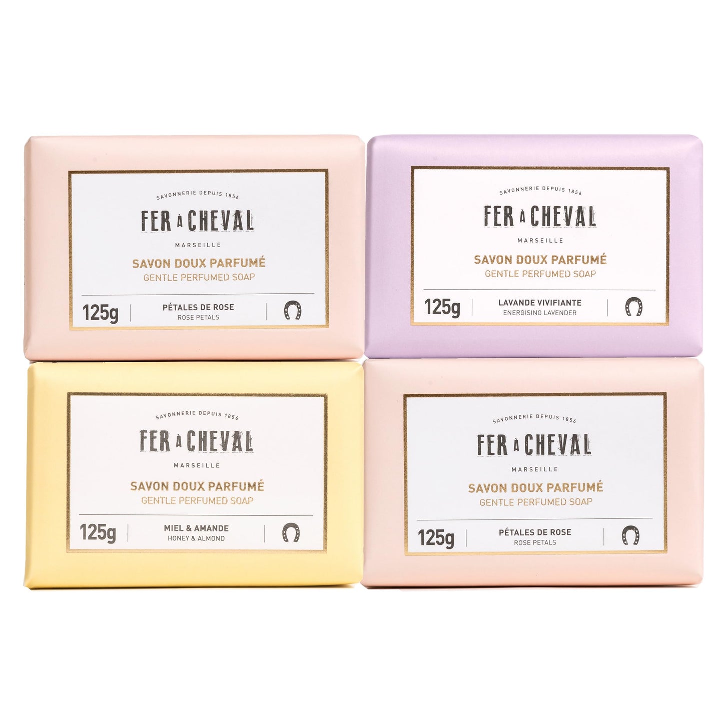 Fer à Cheval Gentle Perfumed Soaps Gift Set, 4x125g/4.41oz - Marseille Vegetable Soap with Shea Butter and Softening Oils