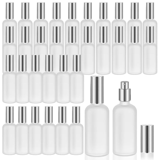 Olutacot 32 Pcs Glass Spray Bottle Empty Frosted Glass Bottles Reusable Glass Perfume Bottle Cosmetic Glass Container with Fine Mist Sprayer Pump for Travel Face Body Sprays (Silver)