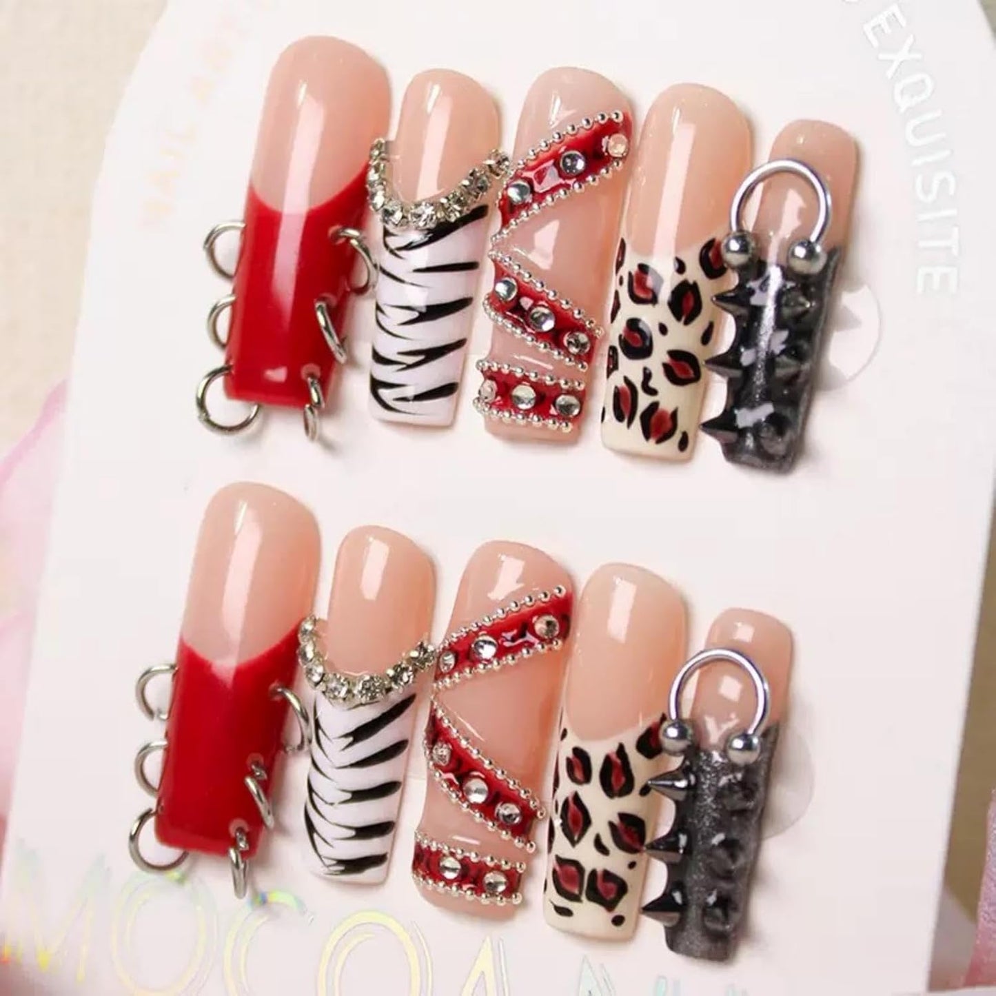 100% 5D Handmade Press on Nails with Charms Long Square Nail Press ons- Red French Tips False Nails Rhinestone Brown Leopard Fall Press on Nails for Women Girls Daily Wear DIY Manicure Size L