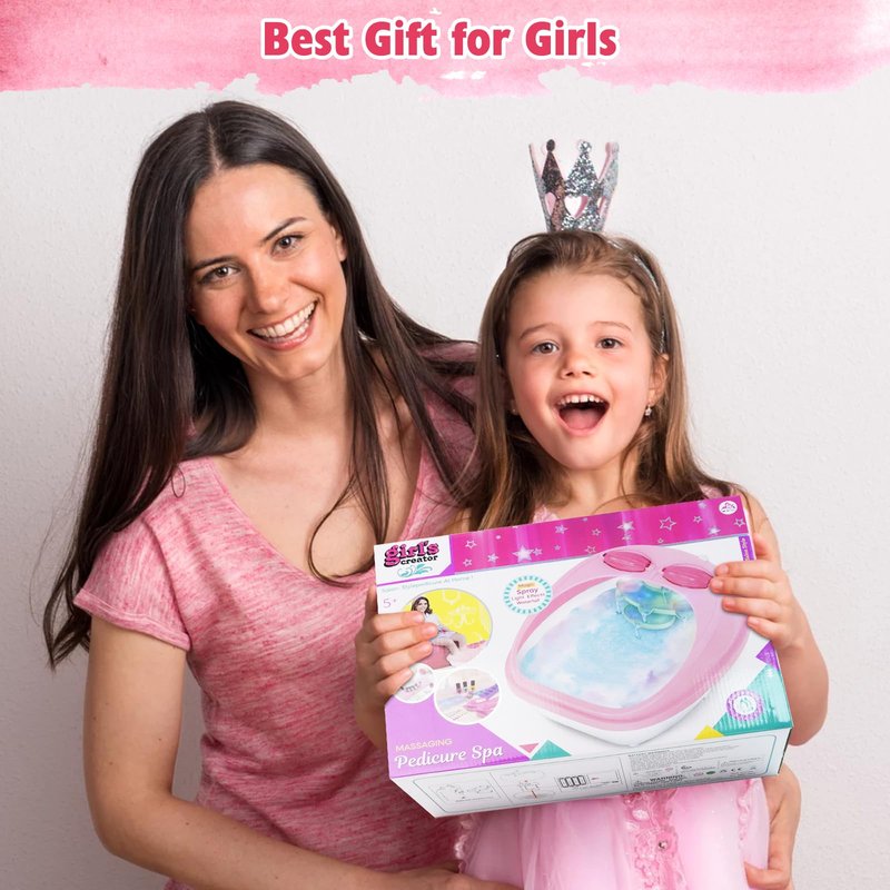 Kids Spa Day Kit for Girls，Kids Foot Spa & Nail Kit Set，Massage Foot Soak Tub and Nail Dryer，Kids Toys Manicure Pedicure Art Salon，Birthday Gifts for Girls 5 6 7 8-12，Pink