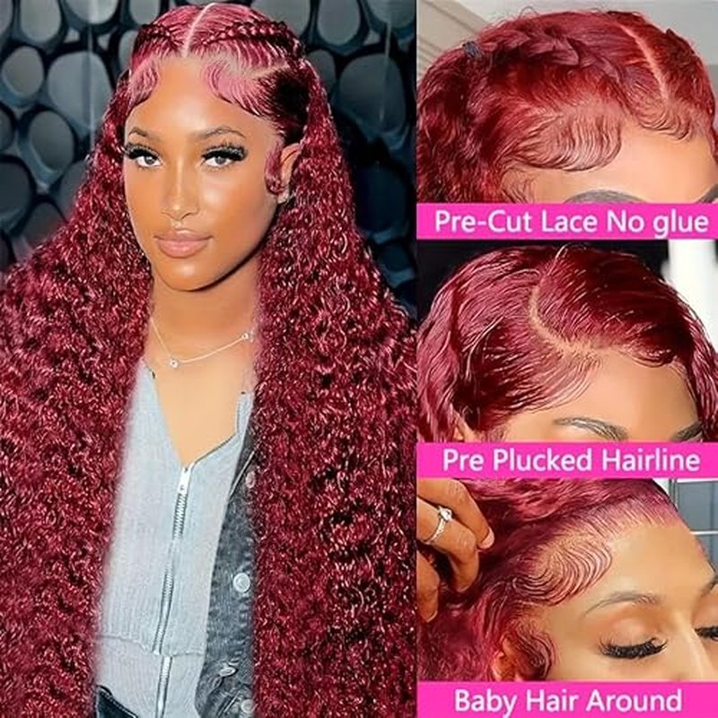 99j Burgundy Deep Wave Lace Front Wig Human Hair 13x4 200% Density Transparent Lace Frontal Wig Curly Wigs for Women Red Curly Wigs Pre Plucked with Baby Hair 99j Lace Front Wig (24inch)