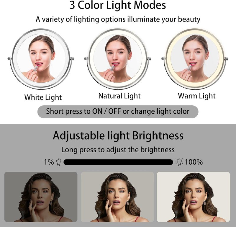 Rechargeable 8” LED Makeup Mirror - 1X/10X Magnifying, Height Adjustable, 3 Color Dimmable Lights | 360° Rotation - Perfect Gift for Women (Silver)
