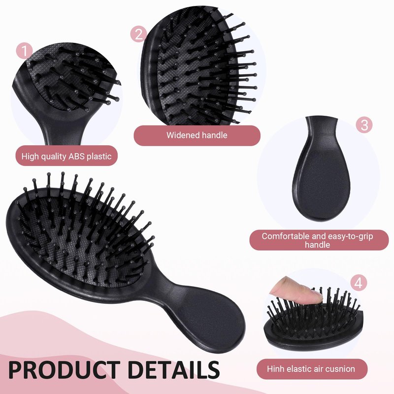 20 Pack Small Wet Hair Brushes, Nylon and Natural Boar Bristles Hair Brush Portable Travel Detangling Brush Mini Air Cushion Brush Pocket Paddle Hair Brush Scalp Massage Hair Brushes for Women - Black