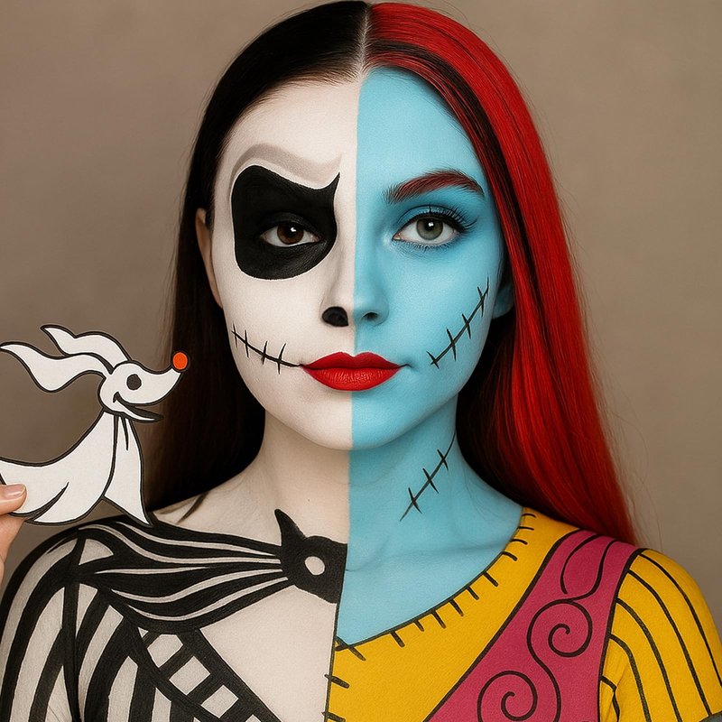 Mysense Skeleton Boy and Ragdoll Girl Makeup Kit for Halloween Jack Cosplay Sally Costume for Adults&Kids with Bald Cap,Pro-Aide Adhesive,Face Paint,Eyeliner,Lipstick&Applicators